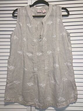 St Tropez Tan/White Linen Floral Embroidery Sleeveless Top Womans M Cottagecore